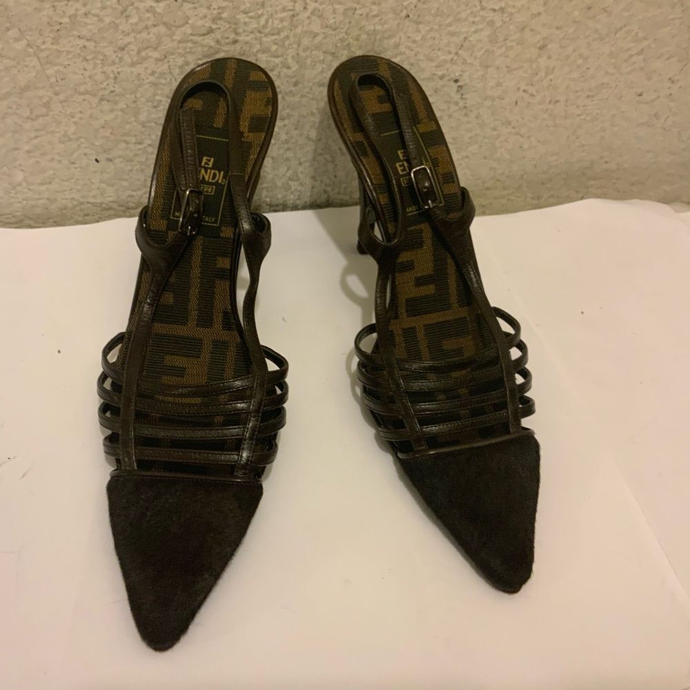 Fendi cage  hair calf Pointed Toe Slingback Pump Kitten Heel Size 6.5
